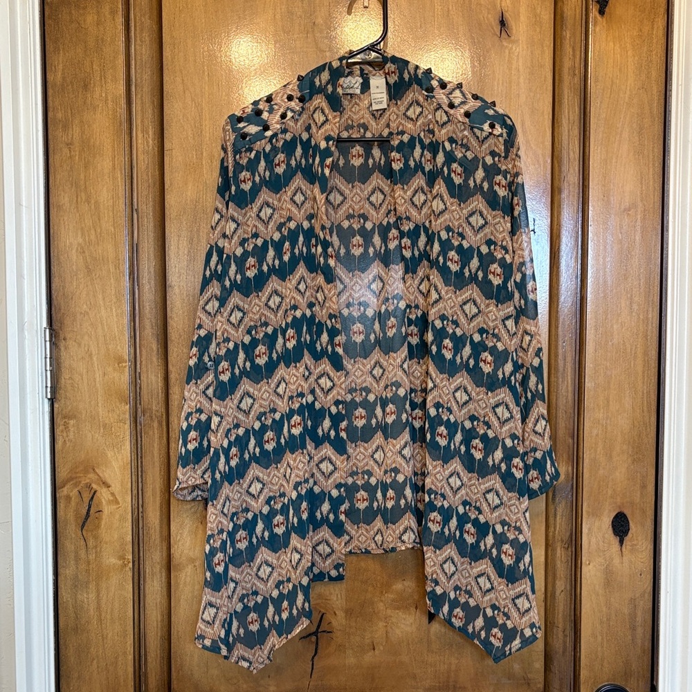 BKE Geometric Patterned Cardigan - Teal and Beige